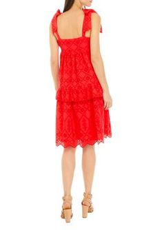 Punctuated with eyelet details, this effortlessly languid midi dress from Crown & Ivy features layered tiers, a lace hem, and sweetly tied sleeves. | Crown & Ivy Women's Tie Strap Midi Dress, Coral, 12 Summer Dresses With Broderie Anglaise And Tiered Skirt, Summer Tiered Broderie Anglaise Dresses, Summer Broderie Anglaise Tiered Skirt Dresses, Summer Broderie Anglaise Tiered Dress, Feminine Tiered Lace Midi Dress, Feminine Tiered Midi Dress With Lace Trim, Summer Knee-length Lace Dress With Ruffles, Spring Brunch Eyelet Midi Dress, Summer Tiered Midi Dress With Layered Hem