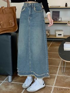 Lasaky - High Waist Raw Trim Denim Midi Skirt with Slant Pockets - Womens Fashion Denim Apparel Denim Fashion Women, Fall Care, Denim Midi Skirt, Summer Fall, Autumn Summer, Birthday Cakes, Denim Fashion, Midi Skirt, High Waist