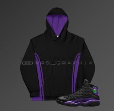 Matching Joggers: https://www.etsy.com/ca/listing/1097558112 This comfy Jordan 13 Retro 'Court Purple' unisex hoodie has a soft outside with a vibrant print, and an even softer brushed fleece inside. The hoodie has a relaxed fit, and it's perfect for wrapping yourself into on a chilly evening. It's comfortable and flattering for both men and women. This design is perfect for sneakerheads everywhere!  * 70% polyester, 27% cotton, 3% elastane * Fabric weight: 8.85 oz/yd² (300 g/m²) * Soft cotton-f Jordan 13 Court Purple Outfit, Streetwear Purple Hoodie With Double-lined Hood, Black And Purple Hoodie, Hoodie Jordan, Purple Games, Hoodie Hat, Fancy Outfit, Kit Design, Purple Hoodie