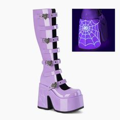 Demonia Camel 223 Light Purple Platform Boots New With Box, Never Worn Size 7 Heart Spider, Alternative Shoes, Single Sole Heels, Festival Shoes, Web Detail, Punk Boots, Gogo Boots, Cosplay Shoes, Womens Ankle Boots