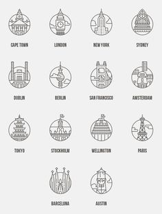 the logos for different cities and towns in england, new york, berlin, san francisco, wellingtonia, melbourne, australia