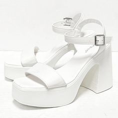 Step Out In These Light Weight Chunky Heel Sandals New In Box Faux Leatherette Material Lightly Padded Insole Adjustable Ankle Straps Comfy Light Weight Chunky Heels Platform Height: Approx 1.5 In. Heel Height: Approx 4.25 In. Fitting: True To Size White Chunky Platform Block Heels For Summer, White Block Heels With Chunky Platform For Summer, Trendy White Platform Block Heels, Trendy White Block Heels With Platform, White Chunky Platform Block Heels, White Block Heels With Chunky Platform, White Platform Block Heels For Summer, Summer White Platform Block Heels, Summer White Block Heels With Platform