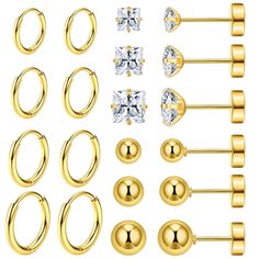 PRICES MAY VARY. 【Earrings for Sensitive Ears】This set includes 4 pairs of small gold huggie hoop earrings, 3 pairs of flat-back tiny AAA cubic zirconia stud earrings and 3 pairs of spherical glossy stud earrings. Wear these CZ studs and hoops earrings alone or with your other earrings will either be great. It can also be used as cartilage hoop earrings or helix piercing jewelry, allowing you to match your own style. 【Huggie Hoop Earrings Size】Mini hoops are 6mm (0.24 in), tiny hoops are 8mm (0. Gold Cartilage Earrings, Helix Piercing Jewelry, Earrings Sets, Cartilage Earrings Hoop, Cartilage Hoop, Titanium Earrings, Surgical Steel Earrings, Mini Studs, Tiny Studs