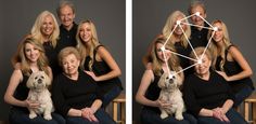 two pictures of a family posing for a photo with their dog, and the same image has been altered