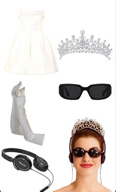 a woman wearing sunglasses, headphones and a tiara next to her is a white dress