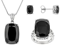 44.39ctw rectangular cushion black spinel rhodium over sterling silver ring, pendant with chain and earrings set. 3.5mm bail. 2" extender.