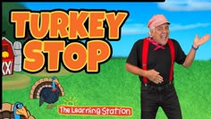 an old man is standing in front of a turkey stop sign with his hands out