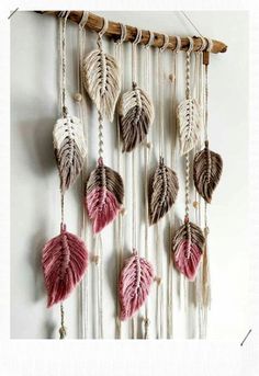 a wall hanging with pink and white feathers on it's side, next to a plant