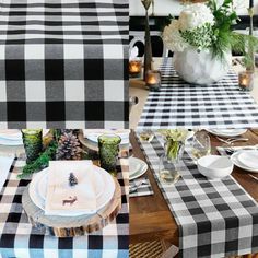 the table is set with black and white checkered cloth