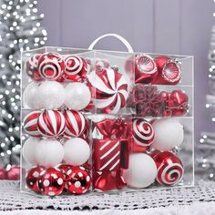 Premium Christmas Candy Red and White Large Ornament Set, Candycane Color 108 Piece Bauble Bundle Ornament Bundle OrnamentallyYou Candy Ornaments Christmas Tree, Red And White Ornaments, Red And White Christmas Decor, Joy Decorations, Candy Cane Christmas Tree, Creative Christmas Trees, Buy Christmas Tree, Candy Red, Christmas Tree Decorations Diy