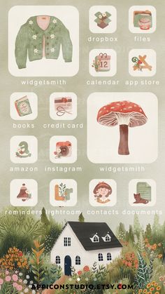 an illustrated poster showing the different things that are in front of it, including mushrooms and other