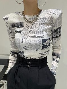 This Retro Newspaper Print Slim Long Sleeve Bottoming Shirt is the perfect choice for tasteful fashionistas. Featuring a stylish retro newspaper print design and a slim fit, this shirt provides an elegant and exclusive look. Made from a soft yet durable fabric, it offers lasting comfort and sophistication. Sku rnpslsbs Material Cotton Blend, Dacron Style Loose Neckline Round-neck Occasion Going out , Casual , Urban , Simple Seasons Spring , Autumn Type Bottoming Shirt Blouses Color White,Black S Newspaper Fabric, Retro Newspaper, Outfits Retro, Newspaper Print, Newspaper Printing, Fashion Mood Board, Bottoming Shirt, Newspaper, Fall Outfits