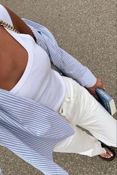 white jeans, white tank, blue and white striped button down
clean girl aesthetic,  djerf avenue, costal granddaughter, outfit inspo, summer outfits, europe. white and blue outfits, White Pants, Striped Shirt, Pants, Blue, White, Trousers