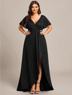 Plus Size V Neck Formal Evening Dress With Sleeves - Ever-Pretty US Elegant Butterfly Sleeve Maxi Dress For Party, Elegant Maxi Dress With Butterfly Sleeves For Party, Elegant Flutter Sleeve V-neck Dress For Party, Elegant V-neck Dress With Flutter Sleeves For Party, Elegant Flutter Sleeve Evening Dress For Gala, Elegant Evening Dress With Flutter Sleeves For Gala, Elegant Prom Dress With Flutter Sleeves, Dresses For Women Over 60, Evening Dress With Sleeves