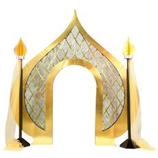 a golden arch with two candles on it