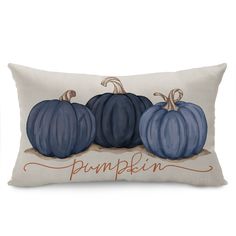 three blue pumpkins on a pillow with the word pumpkin written in orange and white