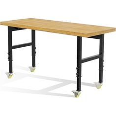 a table with two wheels on it and a wooden top that is black in color