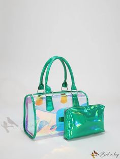 Bird in Bag - PVC Womens Fashionable Single Shoulder Tote Bag, Korean Inspired Large Capacity Green Rectangular Cosmetic Bag, Large Capacity Rectangular Green Cosmetic Bag, Trendy Green Everyday Cosmetic Bag, Trendy Green Cosmetic Bag With Removable Pouch, Green Pattern, Shoulder Tote Bag, Shoulder Tote, Color Blocking, Top Handle Bag