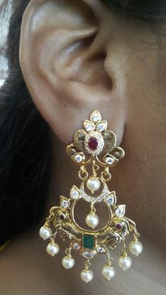 Temple Jewellery - 22 Karat Gold 'Peacock' Drop Earrings (Chand Bali) with Ruby, Emerald, Cz & Japanese Pearls - 235-GER10945 - in 20.750 Grams for USD $1657.29. 
Made in India by Totaram Jewelers Online this product is in Gold - 22 Karat BIS Hallmark 916 KDM Gold  & is an excellent gift for Adult - Women. Ships fully insured with secured guaranteed delivery for free with your order over $250 from New Jersey USA & comes with 30 days exchange policy. Chand Bali Earrings Gold Indian, Elegant Chandbalis With Peacock Design For Diwali, 22k Gold Peacock Chandbali Earrings, Gold Kundan Chandbalis With Peacock Design, Traditional Gold Chandbalis With Peacock Design, Traditional Jeweled Bridal Earrings For Formal Occasions, Elegant Wedding Chandbalis With Peacock Design, 22k Gold Chandbalis With Peacock Design For Wedding, Gold Temple Jewelry Bridal Earrings With Peacock Design