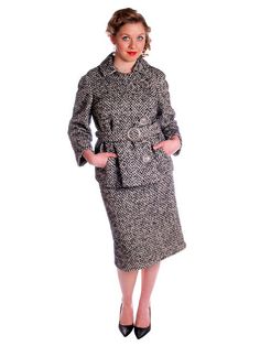 Fitted Tweed Wool Coat For Work, Formal Fitted Tweed Wool Coat, Fitted Tweed Wool Coat, Fitted Tweed Wool Coat With Long Sleeves, Fitted Wool Tweed Dress For Work, Winter Wool Skirt Suit For Business, Tweed Skirt Suit For Business In Fall, Fitted Vintage Wool Coat For Work, Retro Wool Tweed Jacket For Work