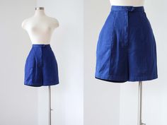 "♛Details *Date: ca. 1960s *Style: gym / sportswear shorts *Highlights: high waist; hip pocket; cute full booty cut *Colors: medium royal blue *Fabric(s): 100% sanforized cotton twill *Lined: no *Closures: snaps; metal Talon zipper (I found one example with an early nylon zipper) *Designer/Labels: Aldrich & Aldrich \"Perfection Since 1912\" The shorts shown are an ~example pair only~; the pair you will receive is the same style. Please use the drop-down menu to select: ♛Measurements Allow ro Fitted Retro Blue Shorts, Vintage Fitted Blue Shorts, Fitted Vintage Blue Shorts, Vintage Blue Bottoms With Built-in Shorts, Vintage Blue Shorts, Royal Blue Fabric, Style Gym, Military Shorts, Gym Sportswear