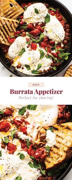 an image of a pan filled with food on top of a white countertop and the words, easy burrata appetizer perfect for sharing