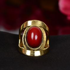 Red Coral Ring, Coral Ring, Statement Ring, Handmade Ring, Coral Jewelry, Personalized Gifts For Mom, Gift For Her, Gemstone Coral Ring Gemstone -Coral  Jewelery Category:-Handmade Ring Metal:-Brass -- T H E * Q U A L I T Y We buy raw gemstones directly from miners and then get them cut and polished at our workshop , Therefore saving some bucks (additional added fees and markups) avoiding a middle man and making sure of the authenticity of the gems. And we use top quality materials that are wate Adjustable Vintage Ruby Ring, Vintage Adjustable Red Ruby Ring, Red Metal Ring Jewelry For Anniversary, Red Open Ring For Jewelry Making, Vintage Red Crystal Round Ring, Handmade Red Crystal Open Ring, Handmade Red Open Crystal Ring, Red Coral Ring, Band Rings Women