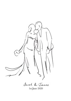 a black and white drawing of a bride and groom holding each other's hand