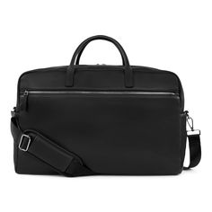 a black leather briefcase on a white background