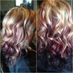 Blonde Hair With Red Violet Highlights, Wine And Blonde Hair Color, Violet Lowlights In Blonde Hair, Burgundy Highlights On Blonde Hair, Hair Color Ideas For Women In Their 40's, Blonde Hair With Burgundy Highlights, Burgundy Lowlights In Blonde Hair, Burgundy Blonde Balayage, Blonde Burgundy Hair