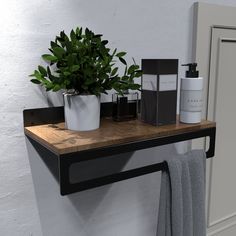 a potted plant sitting on top of a wooden shelf next to a towel rack