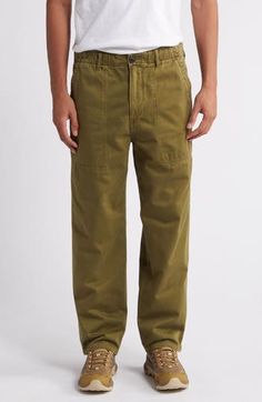 Traditionally rugged workwear gets a refined upgrade with streamlined utility pants cut from Japanese cotton twill in a straight-leg silhouette. 29" inseam; 17" leg opening; 12" front rise; 16" back rise (size 32) Zip fly with button closure Front patch pockets 100% cotton Machine wash, tumble dry Made in the USA of imported fabric Relaxed Fit Utility Chinos With Patch Pockets, Utility Chinos With Patch Pockets And Relaxed Fit, Relaxed Fit Utility Work Pants With Welt Pockets, Utility Chinos With Welt Pockets, Solid Color Straight Leg Utility Cargo Pants, Utility Straight Leg Solid Cargo Pants, Full-length Chinos With Side Pockets For Workwear, Workwear Full Length Chinos With Side Pockets, Workwear Chinos With Side Pockets