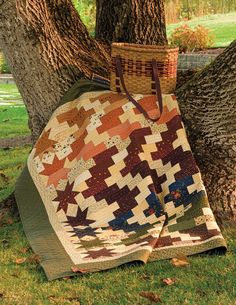 a quilt on the ground under a tree with a basket hanging from it's back