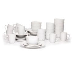 a stack of white cups and saucers with plates