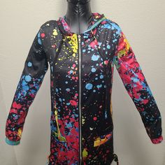 Women's Size Small Jacket (Jacket Can Be Cinched Up By Using The Side Ties) Trendy Multicolor Outerwear With Pockets, Multicolor Hoodie With Pockets For Spring, Multicolor Spring Hoodie With Pockets, Spring Multicolor Hoodie With Pockets, Multicolor Long Sleeve Outerwear With Zipper Closure, Multicolor Hooded Jacket With Double-lined Hood, Trendy Black Hooded Windbreaker, Black Hooded Trendy Windbreaker, Multicolor Winter Hooded Jacket With Drawstring