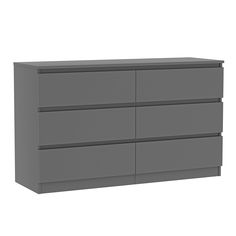 a gray dresser with four drawers and two doors on the top, in front of a white background