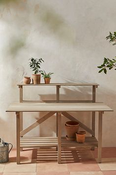 three potted plants sit on top of a wooden shelf next to a watering can