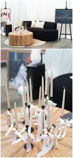 two pictures of candles on a table in front of a couch