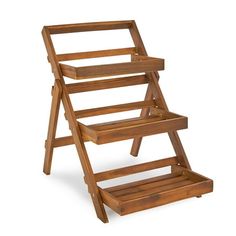 a wooden folding step stool with three shelves