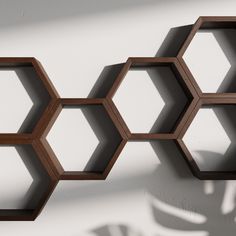 some shelves that are on the side of a wall and one is made out of hexagonal wood