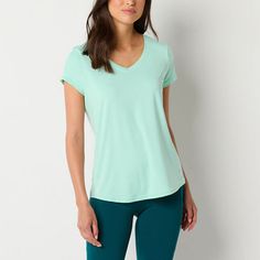 Deemed a Gotta-Have-It item for value you can count on every day! Xersion's women's v-neck t-shirt is cut from our quick-dry Everair stretch fabric that's moisture-wicking and breathable. It's also antimicrobial and odor resistant so that you can increase your workout intensity without worry- use it as a base layer or wear it alone in warmer temperatures.Features: Quick Dry, Odor ResistantClosure Type: Pullover HeadFit: Regular FitNeckline: V NeckSleeve Length: Short SleeveApparel Length: 27.5 I Blue Short Sleeve Tops For Light Exercise, Casual V-neck Activewear For Workout, Moisture-wicking V-neck Athleisure T-shirt, Moisture-wicking V-neck T-shirt For Athleisure, Athletic Fit Short Sleeve Top For Light Exercise, Casual Moisture-wicking T-shirt For Yoga, Casual Athletic Fit T-shirt For Light Exercise, Green Short Sleeve Yoga Activewear, Moisture-wicking V-neck Yoga Top