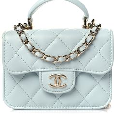 Chanel Top Handle Flap Coin Purse With Chain This Chanel Lambskin Quilted Top Handle Flap Coin Purse With Chain In Light Blue And Gold Hardware. This Stylish Trending Bag Is Crafted Of Luxuriously Soft Diamond Quilted Calfskin Leather In Light Blue. The Bag Features A Chain Shoulder Strap And A Facing Flap With A Small Gold Chanel Cc Logo. The Flap Opens To A Matching Fabric Interior. Beautiful Like New Condition!! Will Melt Once You See It In Person. Comes With Box. Collection By Virginie Viard Chanel Top Handle, Chanel Top, Chanel Crossbody, Quilted Top, Gold Chanel, Diamond Quilt, Cc Logo, Blue And Gold, Chanel Bag