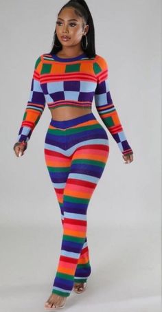 95% polyester,5% spandex Rainbow striped print high waist knitted pants 1.5 lb 95% polyester,5% spandex Color block contrast slim fit cropped knit top Cropped Knit Top, Knitted Pants, Top And Pants Set, Stylish Clothes, Color Block Top, Knitting Machine, Knit Crop Top, Knit Pants, Rainbow Stripes