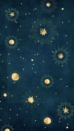 an image of stars and moon in the night sky with gold foil on blue paper