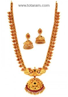 22K Gold 'Peacock' Long Necklace & Earrings Set (Temple jewellery) - 235-GS2815 - Buy this Latest Indian Gold Jewelry Design in 144.050 Grams for a low price of  $7,984.19 Mango Jewelry, Classy Jewellery, Haram Designs, Temple Jewelry Necklace, Gold Peacock, Gold Temple Jewellery, Necklace Set Indian, 22k Gold Jewelry, Gold Jewelry Stores