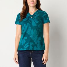 This women�s blouse from Liz Claiborne will become a favorite in your wardrobe to pair with everything from jeans to tailored pants. It's cut for a regular-fit from a floral-print stretch-knit with a gathered keyhole cut-out neckline and short cap sleeves. Closure Type: Pullover HeadFit: Regular FitNeckline: Keyhole NeckSleeve Length: Short SleeveSleeve Style: Cap SleeveApparel Length: 25 InchesFiber Content: 98% Polyester, 2% SpandexFabric Description: KnitCare: Tumble Dry, Machine WashCountry Keyhole Neck, Color Turquoise, Large Shirts, Tailored Pants, Blue Blouse, Shop Blouses, Short Sleeve Blouse, Liz Claiborne, Cap Sleeves