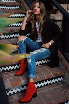 Red Booties Outfit, Outfit Botas, Winter Boots Outfits, Boots Outfit Ankle, Booties Outfit