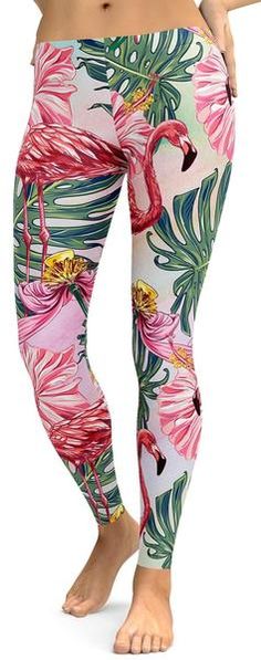 Flamingo Leggings– GearBunch Trendy Spring Beach Activewear, Trendy Beach Activewear For Spring, Summer Stretch Yoga Pants, Fun Stretch Bottoms For Summer, Stretch Leggings For Beach In Summer, Casual Stretch Leggings For Beach, Summer Stretch Bottoms With Tropical Print, Fitted Tropical Bottoms For Spring, Trendy Pink Yoga Pants