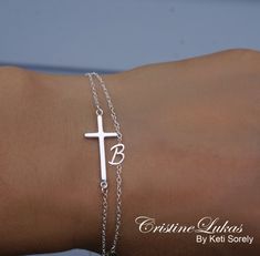 "Layered cross bracelet or anklet with script single initial. This stacking bracelet will be meaningful and fashionable gift for any woman. Bracelet or anklet can be made from sterling Silver or solid gold of 10K, 14K or 18K. Amazing look for casual or formal wear. Perfect for Christmas, birthdays, Mother's day, bridesmaids and etc. Metal options: - Sterling Silver - Sterling Silver with yellow Gold overlay - Sterling Silver with rose Gold overlay - 10K solid Gold (Yellow, Rose or White) - 14K s Elegant Personalized Cross Bracelets, Initial Bracelet Silver, Handwriting Necklace Custom, Handwriting Necklace, Sterling Silver Rings Set, Black Onyx Necklace, Ankle Chain, Letter Bracelet, Initial Bracelet