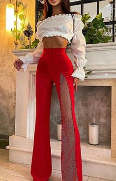 Red Mesh Sequin Embellished Trouser Pant Features rhinestone mesh panel Sheer panel Highwaisted fit Flat Front Zipper front closure Full length Mesh Pants, Elegant Red, Bell Bottom Pants, Flare Trousers, Women's Summer Fashion, Trouser Pants, Long Pants, Flare Pants, High Waisted Pants